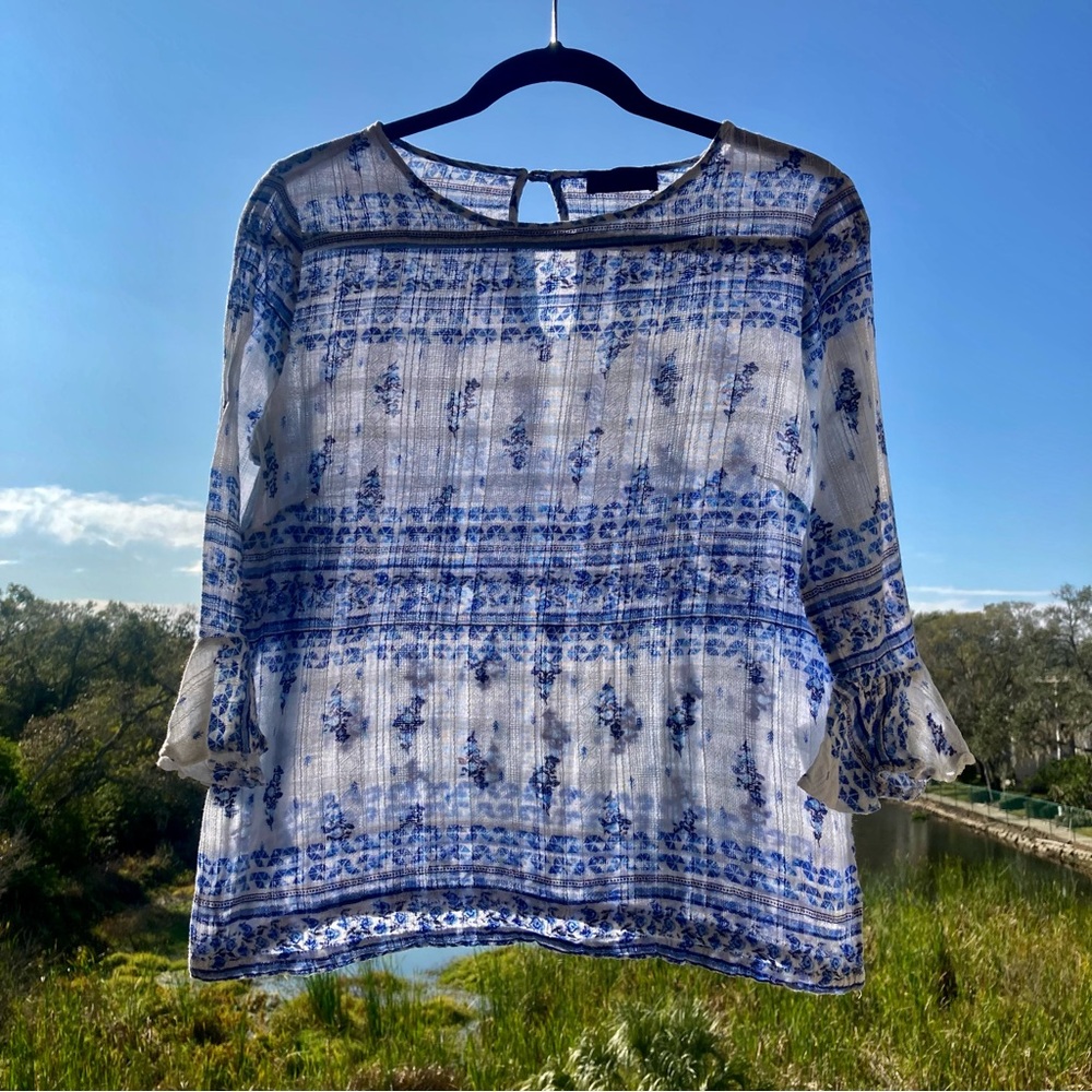 lanidor top floral blouse vintage style white&blue Size:S-M